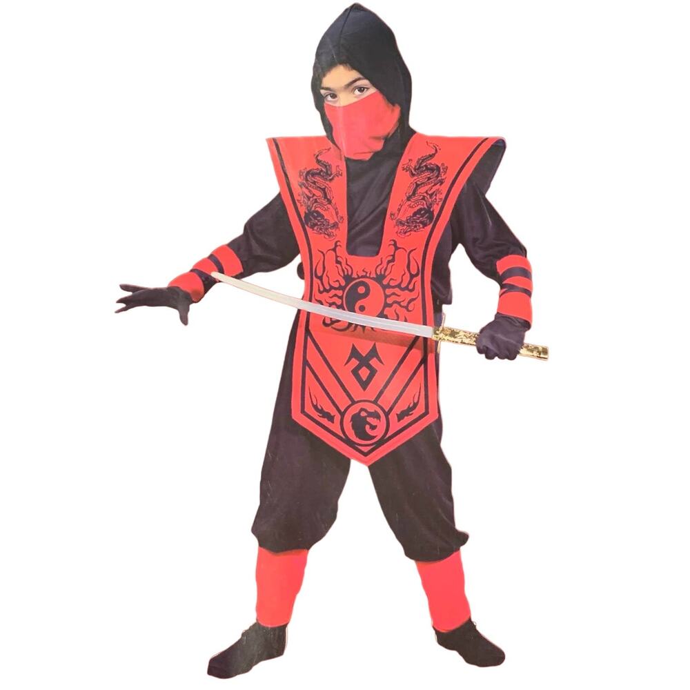 Boys Ninja Costume Large 10-12 Black Red Samurai Warrior Halloween
